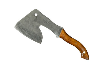 Butcher cleaver with wooden handle and hole in the blade is isolated.