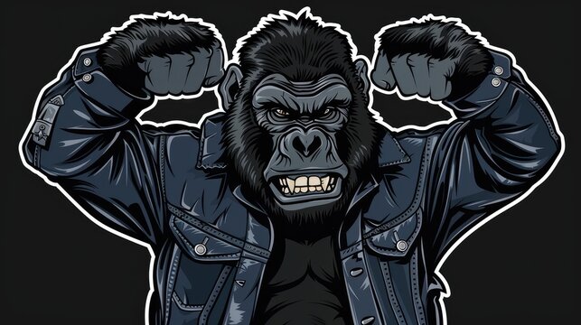 front view black and grey strong gorilla with mean look on his face, lifting hands over his head, wearing navy blue auto mechanic jacket and black muscle shirt