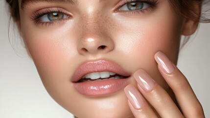 A close-up of the lips and nails, showcasing glossy lipstick with soft pink tones on an elegant woman's hand. The focus is on her manicure in light beige, complementing her flawless skin