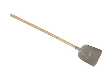 Worn metal shovel with long wooden handle is isolated.