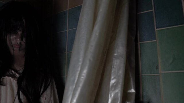 A haunted female ghost with pale face and long dark hair wandering inside an abandoned house, representing a murdered spirit seeking revenge, inspired by horror movies and ghost legends.