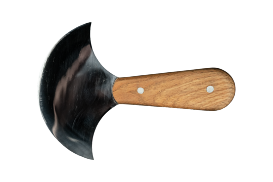 Curved stainless steel mezzaluna knife with wooden handle is isolated.