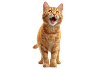 An orange tabby cat standing on its hind legs with its mouth open on a transparent background 