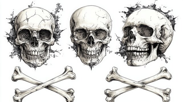 The skulls are drawn in an engraving style, showcasing detailed linework and shading to highlight the texture and structure of each bone.