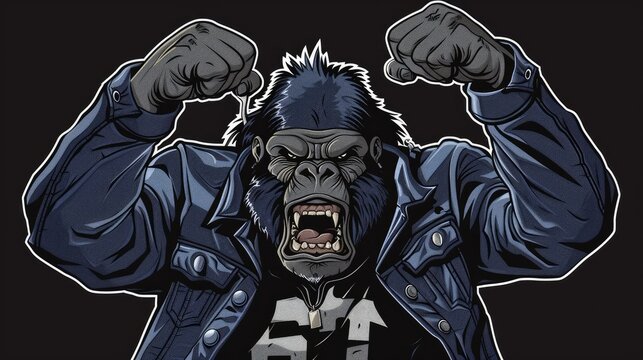front view black and grey strong gorilla with mean look on his face, lifting hands over his head, wearing navy blue auto mechanic jacket and black muscle shirt