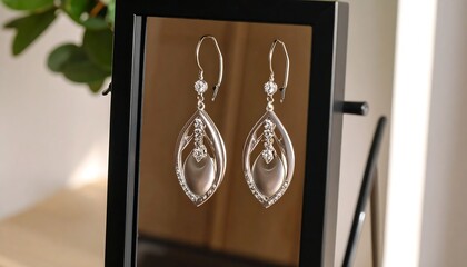 Silver leaf-shaped earrings displayed in a black frame