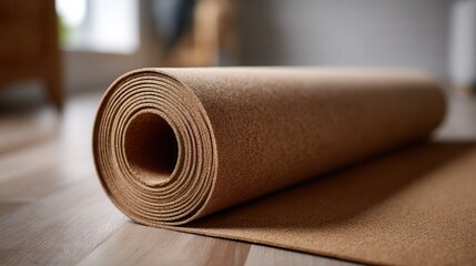 Eco-friendly cork yoga mat on wooden floor in serene room setting.