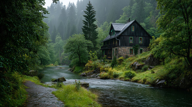 A wooden black house in the forset there are the river in front of the house ,sad mood.