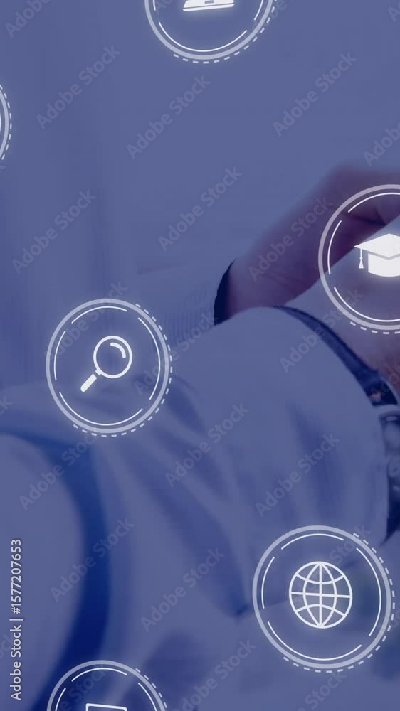 Poster animation of digital icons processing over caucasian businessman using tablet