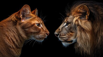 A photo of an orange cat looking in the mirror and seeing its reflection as a majestic lion, symbolizing self-awareness and confidence