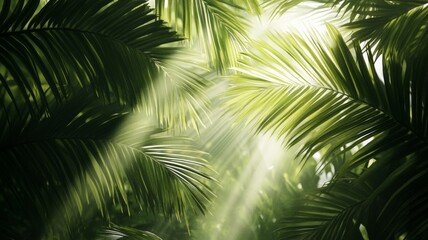 Sunlight streaming through tropical leaves. Neural network AI generated