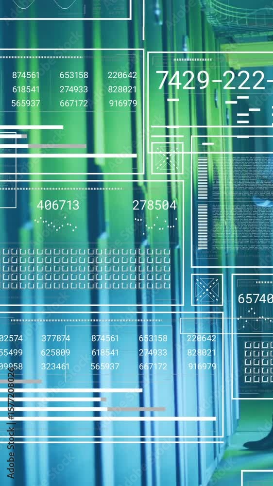 Poster animation of diagrams and data processing over male worker in server room