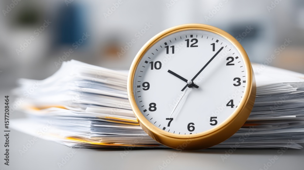 Poster clock resting on a stack of paperwork, symbolizing time management and productivity in an office set