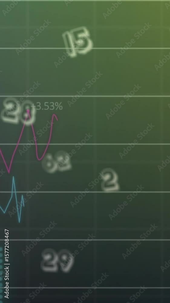 Poster animation of financial data processing over dark background