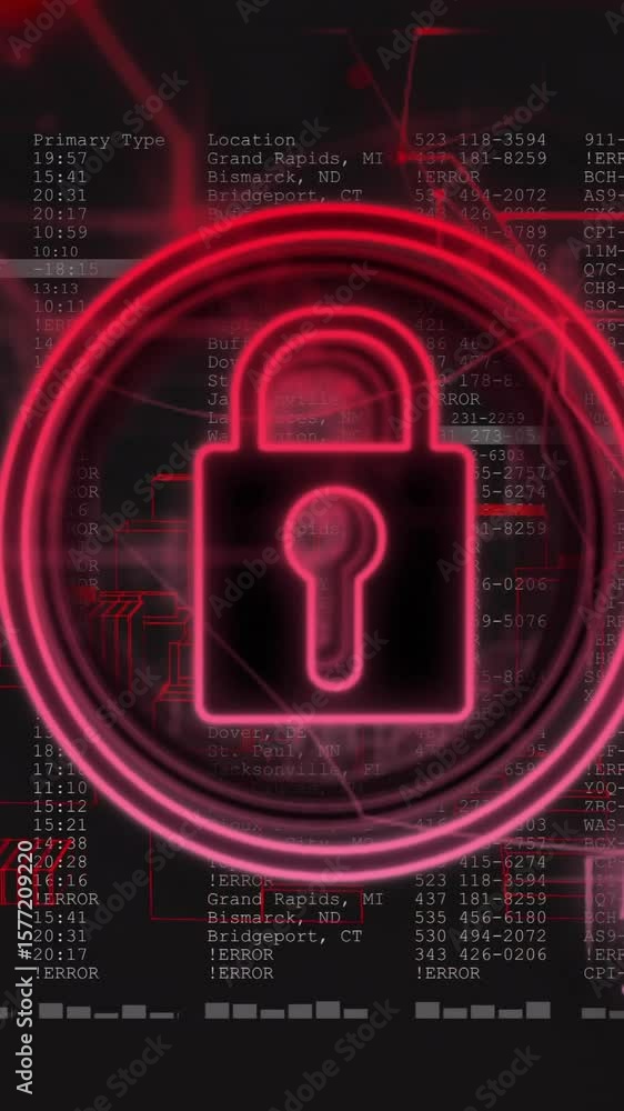 Poster animation of padlock icon over data processing on black background