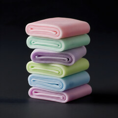 A clean, colorful stack of folded towels in pastel colors, for spa or bathroom concepts.