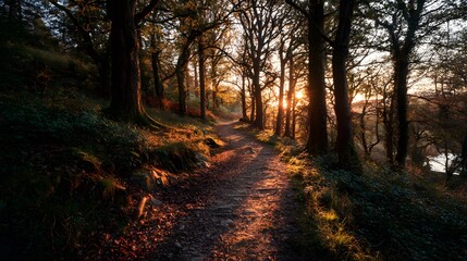 Obraz premium Sunlight streams through the trees along a nature trail, casting warm light on the path in a serene woodland scene.
