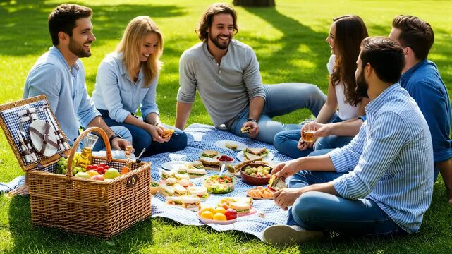 Friends enjoying outdoor picnic in park. Young people socializing on green lawn. Summer gathering with food and drinks. Social event concept for weekend leisure