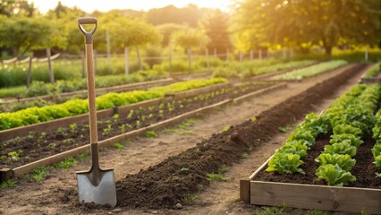 A sturdy garden shovel stands upright in rich, dark soil amidst neatly planted rows of young vegetables and raised garden beds, embodying the essence of sustainable farming and fresh produce.

