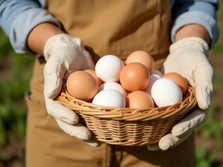 Farmer holding basket of eggs on sunny day in the countryside. National Farmer's Day