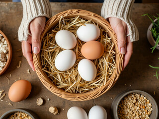 Woman holding basket of eggs on wooden table with straw. National Farmer's Day