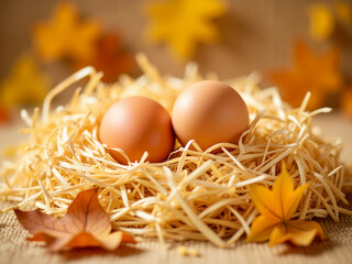 Two brown eggs nestled in straw with autumn leaves surrounding. National Farmer’s Day 