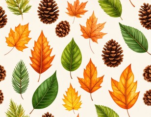 Seamless autumn leaves and pine cones pattern with realistic fall foliage in watercolor style