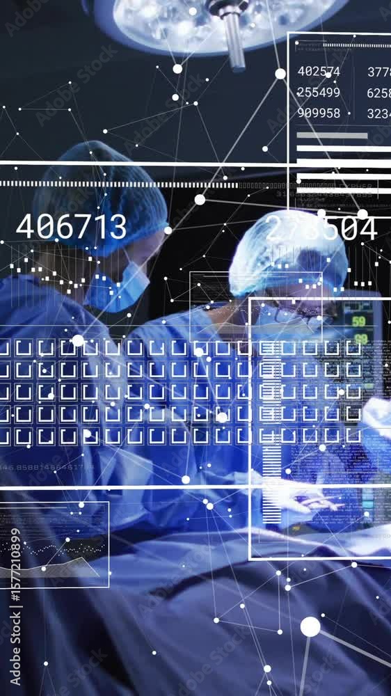 Poster Animation of data processing and diagrams over diverse surgeons in operating room