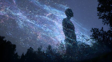 Obraz premium Man silhouette stands beneath a swirling cosmic sky, surrounded by glowing stardust and serene nature.