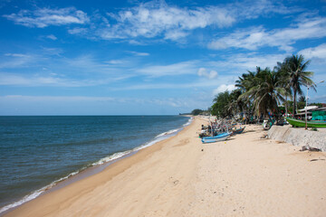 View landscape clouds sky wave in sea ocean and local thai fishers people stop boat ship waiting catch fish marine life on Tabsakae Beach at Thap Sakae on June 2, 2025 in Prachuap Khiri Khan, Thailand