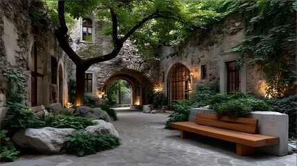 Fototapeta premium Old stone building courtyard with greenery high resolution image
