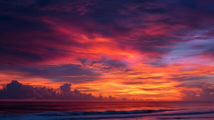 Obraz premium Vibrant sunrise paints the sky with vivid hues over the ocean waves, creating a beautiful scene.
