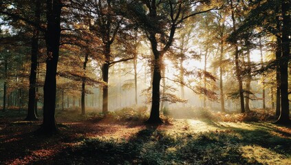 Obraz premium Golden sunlight streams through autumn forest