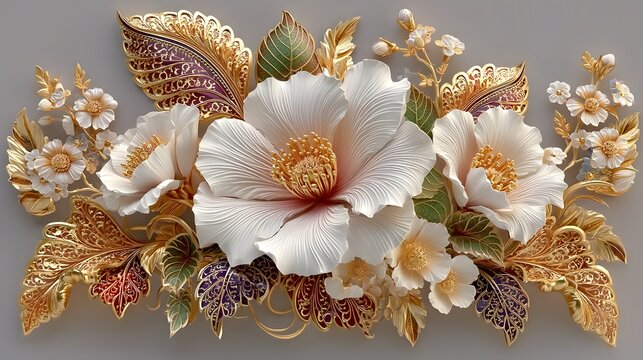 Ornamental flower bouquet in rich gold tones high resolution Wallpaper