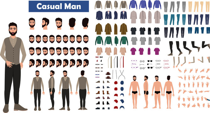 Cartoon male character kit. Man in casual clothing, different hands, legs poses and facial emotion.