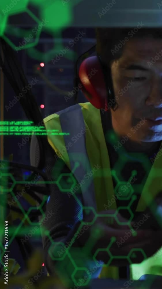 Poster animation of data processing with brains over asian male worker in server room