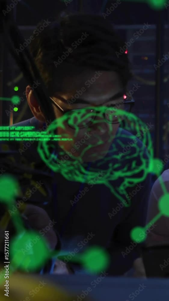 Poster animation of data processing with brains over diverse colleagues using tablet in server room