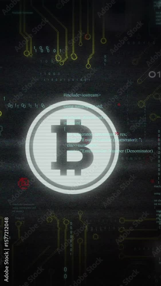 Poster bitcoin symbol with circuit board and binary code animation