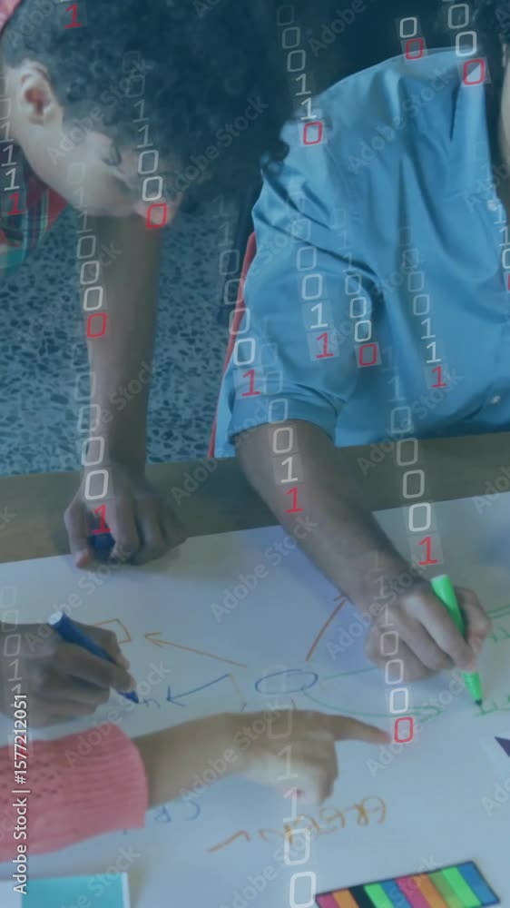 Poster animation of data processing over diverse colleagues working in office