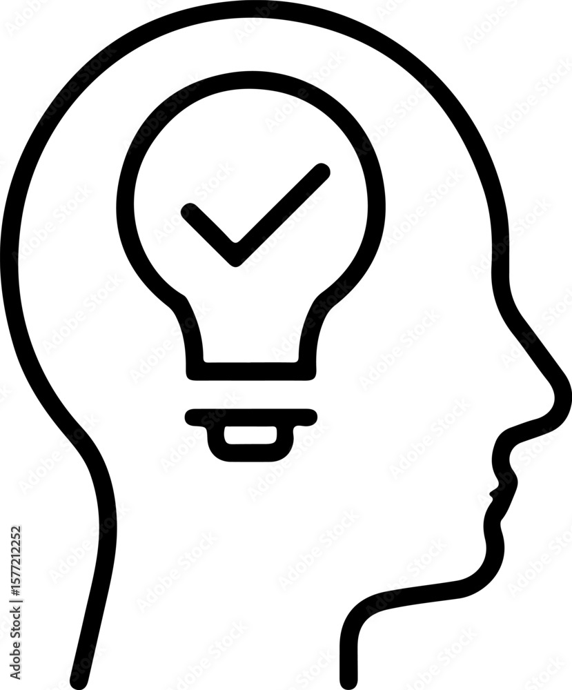 Poster human head profile with a lightbulb and checkmark symbolizing a good idea