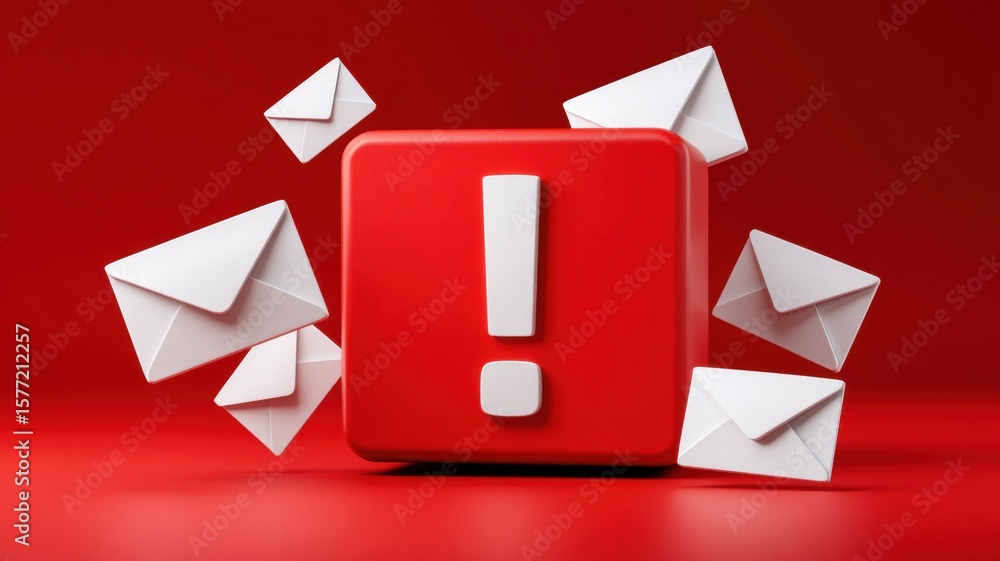 Poster email security, spam call. red alert symbol with envelopes representing messages or notifications in