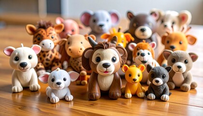Adorable animal figurines on a wooden surface