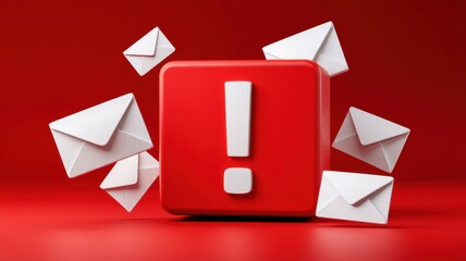Email security, spam call. Red alert symbol with envelopes representing messages or notifications in a digital context.