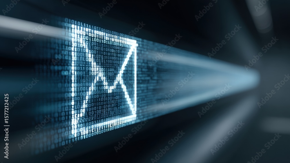 Poster email security, spam call. digital email icon with binary code background conveying technology and c