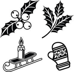 A vintage set of Christmas icons, including a tree and decoration, with a floral butterfly and bird nature illustration design