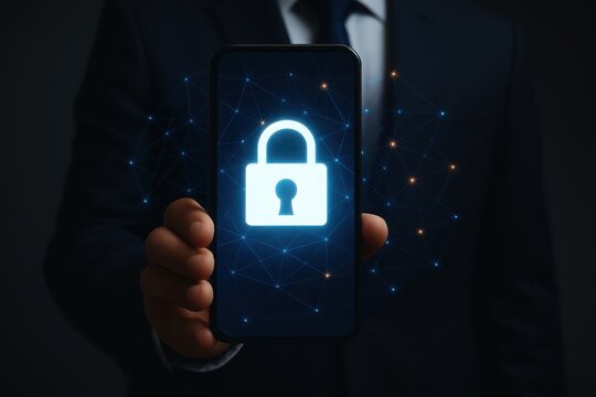 Businessman holding smartphone displaying a glowing padlock icon with a digital network overlay