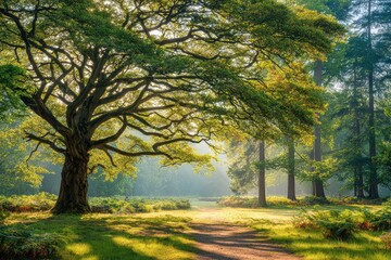 Obraz premium Lush forest path bathed in sunlight