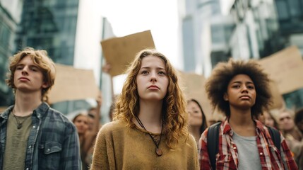 Obraz premium a group of real young activists protesting on a city street, holding signs, strong and determined expressions, social justice theme, photorealistic 