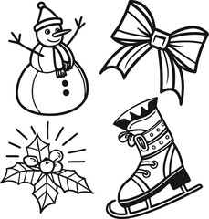 Festive cartoon Christmas icons set featuring cute Santa, snowman, and tree decorations for holiday celebration