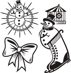 Black and white cartoon vector illustration of Santa Claus and snowman for a fun Christmas holiday design set